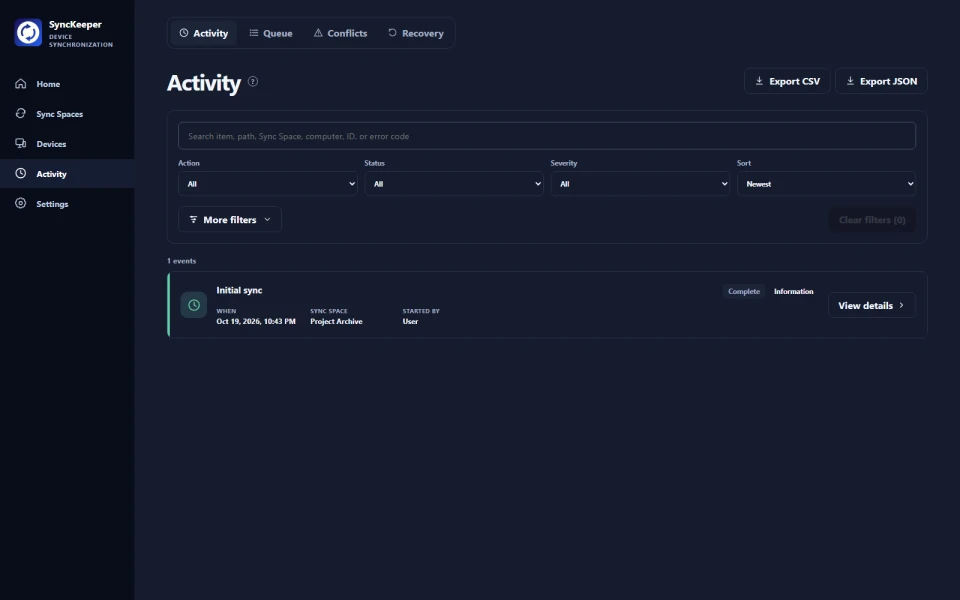 Activity history desktop interface preview