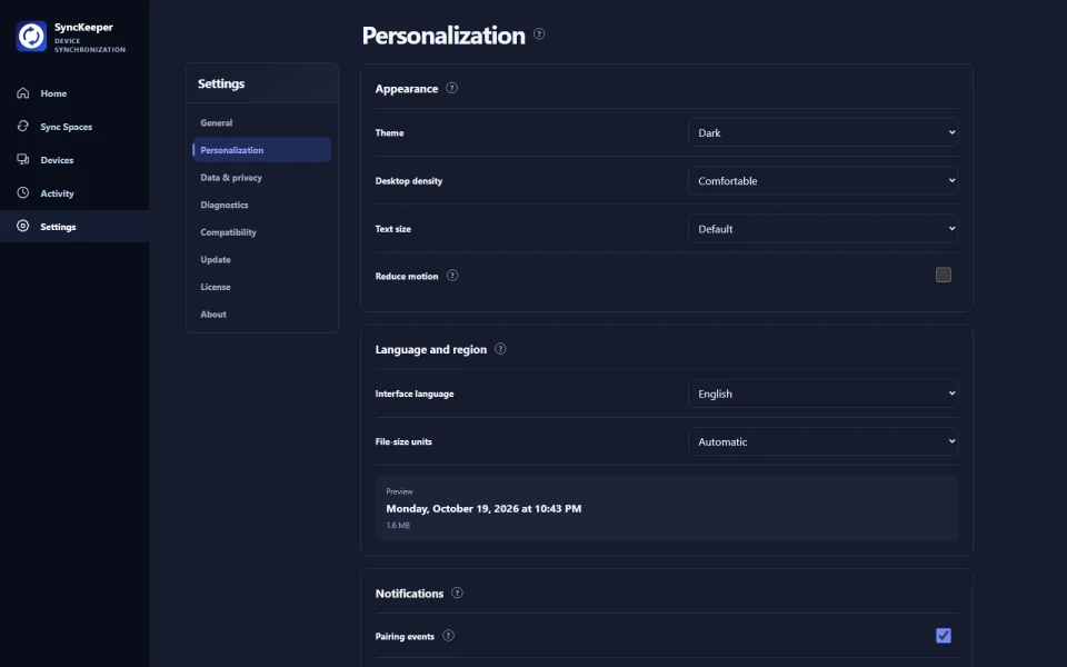 Appearance & language desktop interface preview