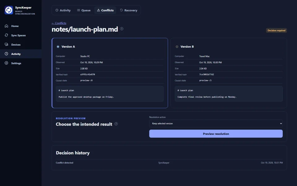 Compare conflicting versions desktop interface preview