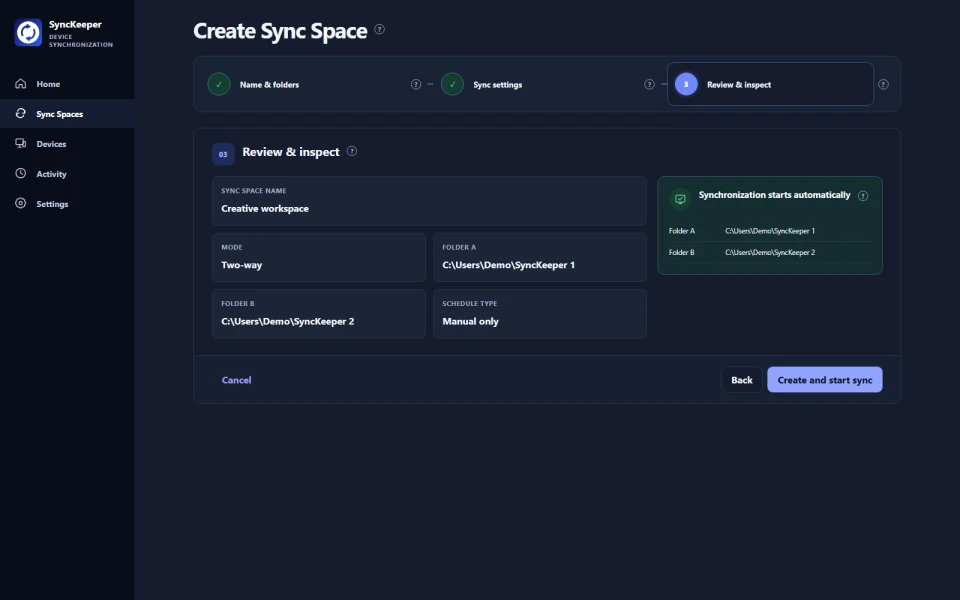 Review your Sync Space desktop interface preview