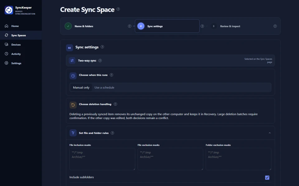 Sync rules & protection desktop interface preview