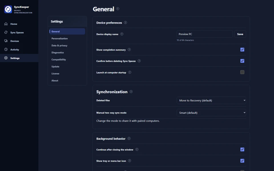 General settings desktop interface preview