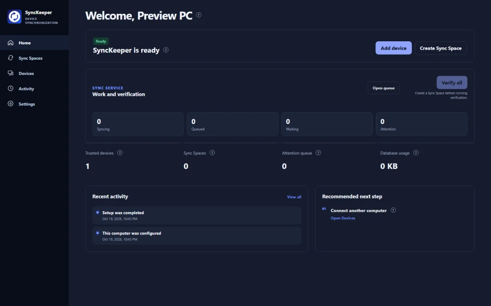 Home overview desktop interface preview