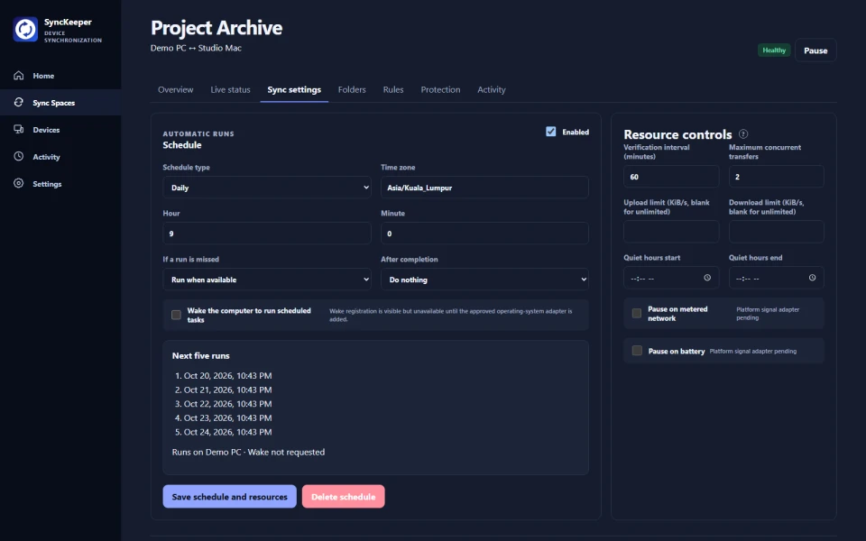 Schedules & live settings desktop interface preview