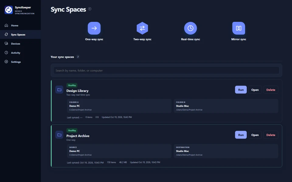 Sync Spaces desktop interface preview