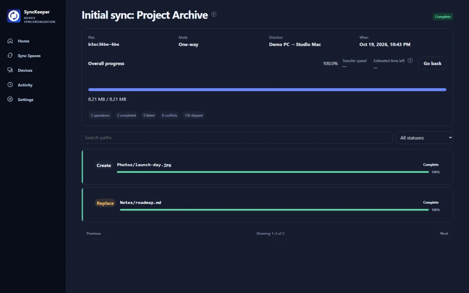 Transfer details desktop interface preview